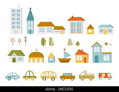Design elements of a modern city. Create map your own town with houses and cars Stock Vector