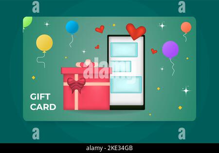 Customer gift card with illustration of 3d render style, mobile, balloons, hearts, stars, clean modern template isolated on green background. Stock Vector