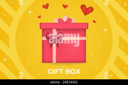3d illustration of gift box with heart, stars, bows and ribbons, isolated on yellow background. Stock Vector