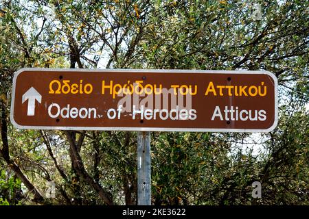 Sign pointing to the Odeon of Herodes Atticus in Athens Greece Stock Photo