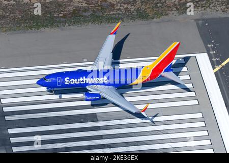 Southwest Airlines Boeing 737 aircraft landing at a runway. Airplane 737-700 of Southwest Airline. Plane N254WN. Stock Photo