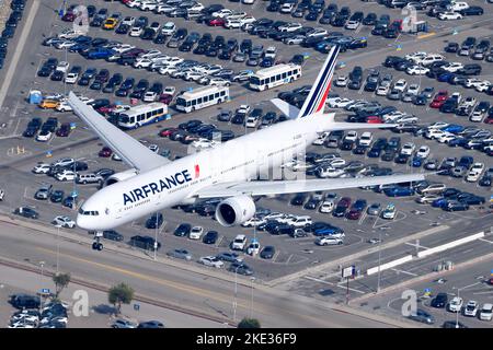 Air France Boeing 777 aircraft. Airplane of french airline and 777-300ER model. Air France plane F-GSQI. Stock Photo