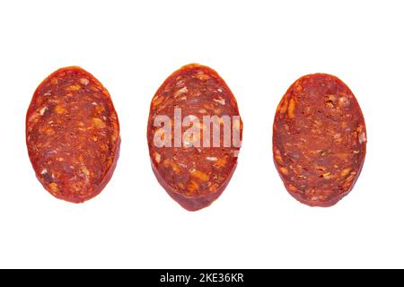 Salami sausage slices isolated on white background. Stock Photo