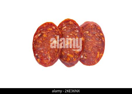 Salami sausage slices isolated on white background. Stock Photo