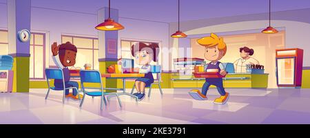 Children eat in school canteen. Vector cartoon illustration of cafeteria  interior with tables, chairs, vending machine, water cooler, kids with food  trays and staff at counter bar Stock Vector