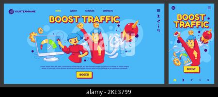 Boost traffic landing page, app ui ux onboard screen. Business and social media concept with contemporary characters team working together to optimize internet connection speed Linear vector templates Stock Vector