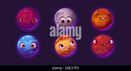 Cute planets cartoon characters, fantasy ui space game cosmic objects set. Different colorful galaxy or universe personages with funny smiling faces, craters and textured surface, Vector illustration Stock Vector