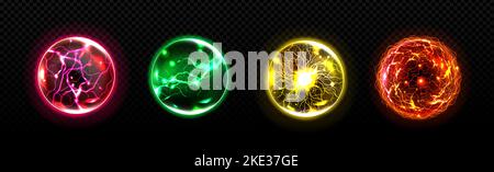 Set of energy balls with lightning effect in red, orange, yellow and green colors. Electrical discharge bundle png. Magic power. Realistic vector illustration isolated on transparent background Stock Vector