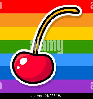 Cherry on a striped multicolored background. Cartoon sticker. LGBT Pride. Rainbow flag. Vector illustration Stock Vector