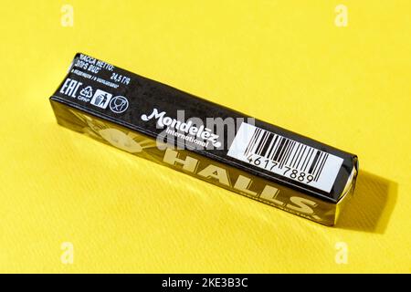 Tyumen, Russia-September 27, 2022: Halls candy. Cadbury Adams Division of Cadbury, owned by Mondelez International. Stock Photo