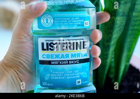 Tyumen, Russia-October 14, 2022: Bottle of Listerine brand MouthWash, keeps Breath Fresh. Selective focus Stock Photo