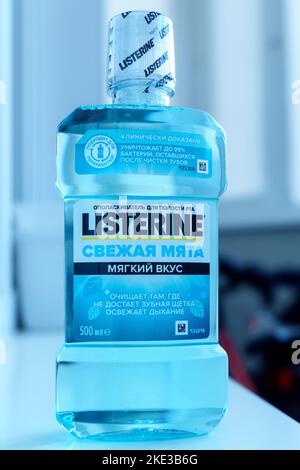 Tyumen, Russia-October 14, 2022: Bottle of Listerine brand MouthWash, keeps Breath Fresh. Vertical photo Stock Photo
