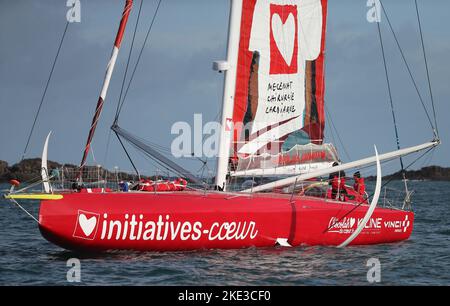 IMOCA INITIATIVES COEUR Skipper Samantha Davies during the Route du Rhum-Destination Guadeloupe 2022, solo transatlantic race, Saint-Malo - Guadeloupe (6,562 kilometres) on November 9, 2022 in Saint-Malo, France - Photo Laurent Lairys / DPPI Stock Photo