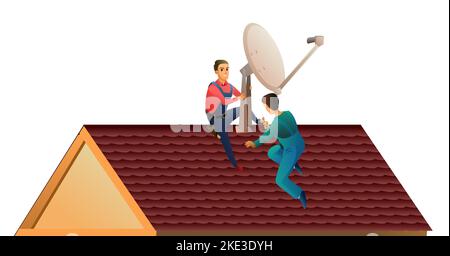 Workers work on roof. Two workers install a satellite dish on the roof. Antenna for television and internet. Service illustration Isolated on white ba Stock Vector