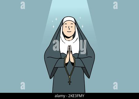 Calm nun in traditional clothes praying. Church sister with rosary talk to God. Religion and faith concept. Vector illustration.  Stock Vector