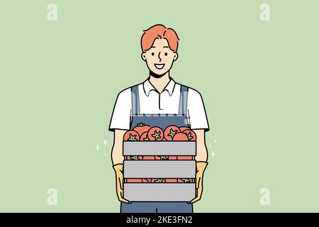 Smiling male farmer holding box of fresh tomatoes. Happy man gardener with baskets of vegetables from farm. Gardening and agriculture. Vector illustration.  Stock Vector