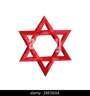 Red David star colorful symbol. Magen David adom Jewish star for ambulance. Hand drawn watercolor illustration from Israel. Stock Photo