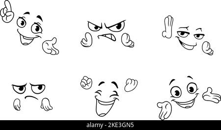 Cartoon facial expressions and hand gestures line art set Stock Vector