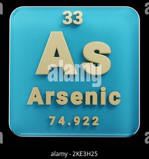 Beautiful abstract illustrations Standing black and red Arsenic  element of the periodic table. Modern design with golden elements, 3d rendering illus Stock Photo