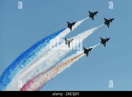 ZHUHAI, CHINA - NOVEMBER 10, 2022 - The 'August 1st' aerobatic team of China's Air Force performs during the Airshow China in Zhuhai, Guangdong provin Stock Photo