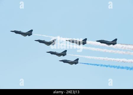 ZHUHAI, CHINA - NOVEMBER 10, 2022 - The 'August 1st' aerobatic team of China's Air Force performs during the Airshow China in Zhuhai, Guangdong provin Stock Photo