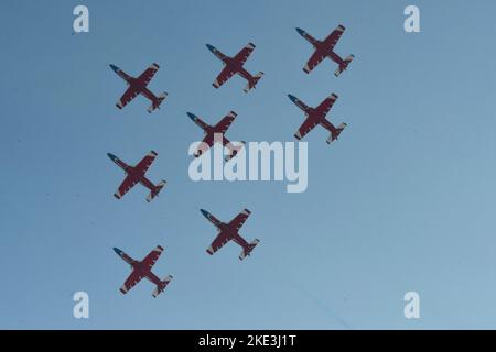 ZHUHAI, CHINA - NOVEMBER 10, 2022 - The Red Eagles aerobatic team performs during the Airshow China in Zhuhai, Guangdong province, China, Nov 10, 2022 Stock Photo