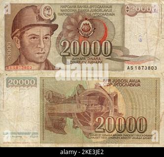 Central Bank of Socialist Federal Republic of Yugoslavia 20000 Dinara Banknote, Belgrade 1987 Stock Photo