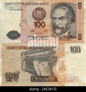 Central Bank of Peru 100 Intis Banknote, Lima 1987 Stock Photo