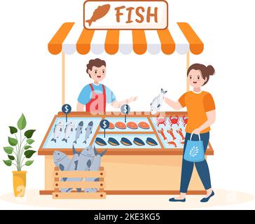 Fish Store to Market Various Fresh and Hygienic Products Seafood in Flat Cartoon Hand Drawn Templates Illustration Stock Vector