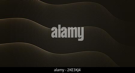 Abstract gold light wavy lines on black background. Luxury golden texture with horizontal stripes. Shining wave line design template for wallpaper Stock Vector
