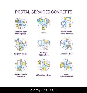 Postal service advantages concept icons set Stock Vector
