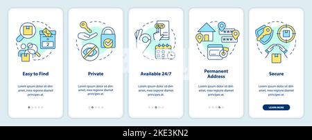Using post office boxes benefits onboarding mobile app screen Stock Vector