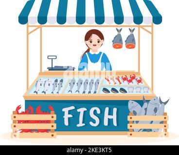 Fish Store to Market Various Fresh and Hygienic Products Seafood in Flat Cartoon Hand Drawn Templates Illustration Stock Vector