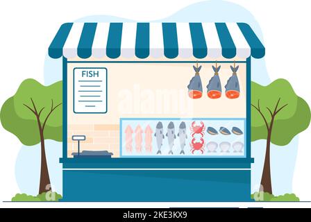 Fish Store to Market Various Fresh and Hygienic Products Seafood in Flat Cartoon Hand Drawn Templates Illustration Stock Vector