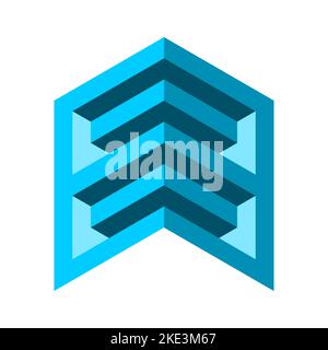 Blue building arrow logo design template. Isometric skyscraper block shape. Geometric block square object. Construction, architecture, technology Stock Vector