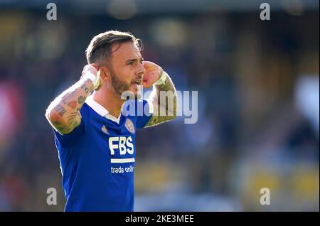 File photo dated 23-10-2022 of Leicester City's James Maddison. England’s 26-strong World Cup squad will be announced later on Thursday as Gareth Southgate reveals who has made the cut after deliberating over the form and fitness of his key players heading to Qatar. James Maddison’s fine form at Leicester has led to clamour for the attacking midfielder to be selected for the first time since winning his solitary cap in 2019, while striker Callum Wilson has caught the eye at Newcastle. Issue date: Thursday November 10, 2022. Stock Photo