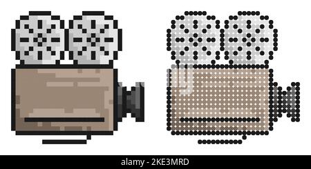 Pixel icon. Old camcorder. Filming movie on retro instrument. Film recording of movie. Simple retro game vector isolated on white background Stock Vector