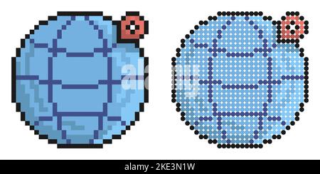Pixel icon. Globe with checkpoint mark. Navigation on map using GPS system. Simple retro game vector isolated on white background Stock Vector