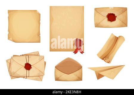 Set vintage magic envelope, letters, parchment paper, scroll with red wax seal in cartoon style isolated on white background. Old grunge paper,textured. Antique mail, correspondence. Vector illustration Stock Vector