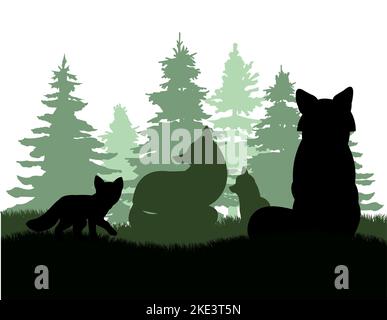 Family of foxes in coniferous forest clearing. Animal silhouette. Wild life picture. Isolated on white background. Vector. Stock Vector