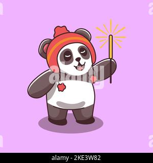 cute panda in red hat holding sparkler new year christmas vector character Stock Vector