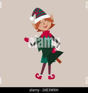 Christmas fairy tale character elf holding a Christmas tree in his hands Stock Vector