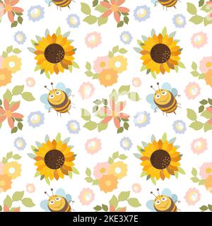 Paternal bees and sunflowers in the summer theme in the style of Illustrations Stock Vector