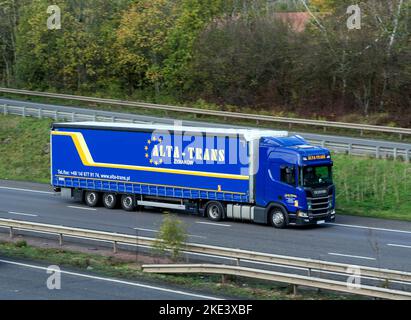 Alta-Trans lorry on the M40 motorway, Warwickshire, UK Stock Photo