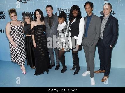 Los Angeles, USA. 09th Nov, 2022. (L-R) MYTHIC QUEST Cast - Jessie Ennis, Ashly Burch, Charlotte Nicdao, Rob McElhenney, Imani Hakim, Naomi Ekperigin, Danny Pudi and David Hornsby at the Apple TV 's MYTHIC QUEST Season 3 Premiere held at The Linwood Dunn Theater in Los Angeles, CA on Wednesday, ?November 9, 2022. (Photo By Sthanlee B. Mirador/Sipa USA) Credit: Sipa USA/Alamy Live News Stock Photo