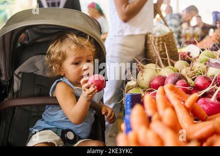 Cute boy with his mother buying fresh vegetables at the farmer's market Stock Photo