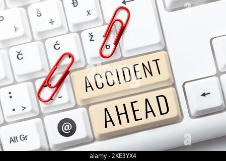 Text showing inspiration Accident Ahead. Word Written on Unfortunate event Be Prepared Detour Avoid tailgating Stock Photo