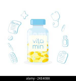 Vitamin bottle with capsules and doodle medicals elements, health, medicine. Vector illustration Stock Vector