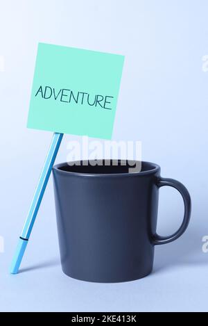 Conceptual caption Adventure. Word Written on enterprise involving financial risk, danger and unknown risks Stock Photo