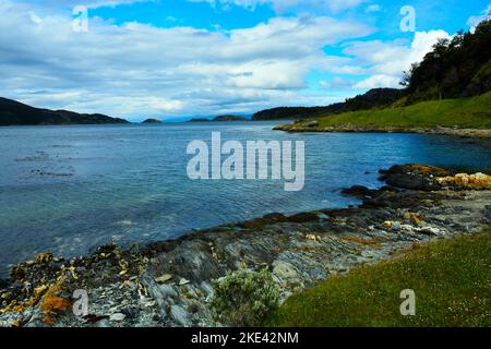 landscape of a lake with green mountains Stock Photo